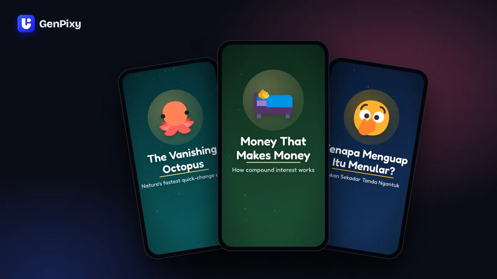 Tiga video penjelasan vertikal untuk TikTok, YouTube Shorts, dan Reels, dibuat dengan GenPixy tanpa kamera