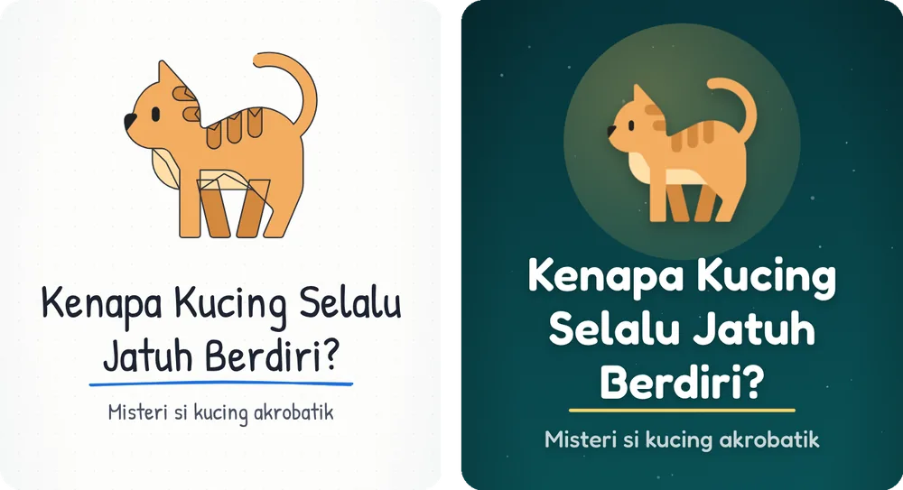 Two GenPixy video thumbnails for Kenapa Kucing Selalu Jatuh Berdiri? (Why do cats always land on their feet?), in the Whiteboard and Full Color styles
