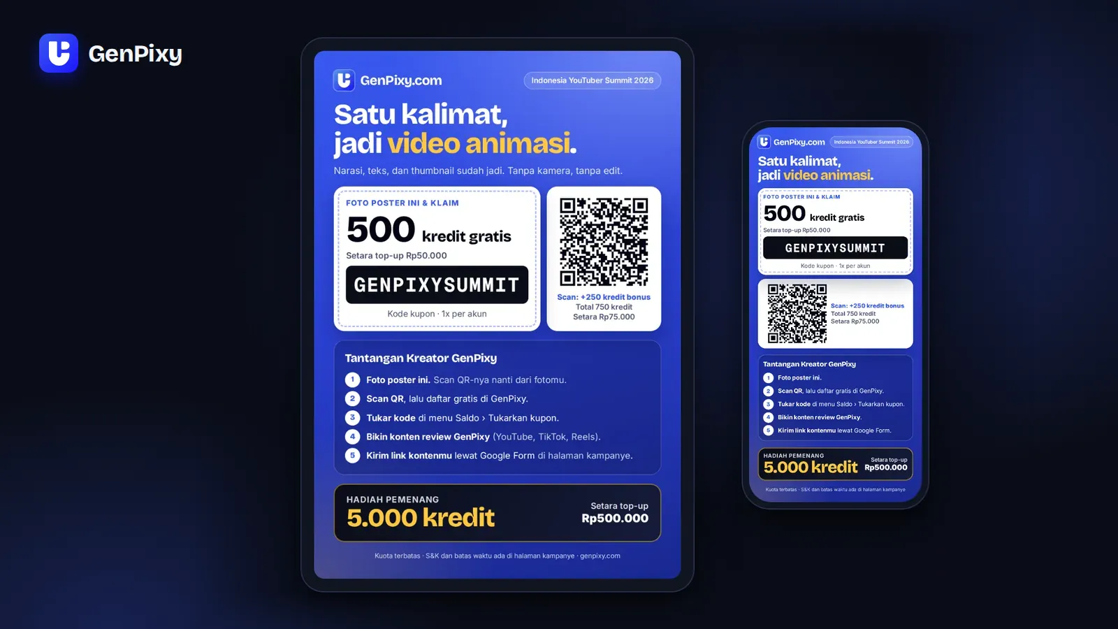 Poster Tantangan Kreator GenPixy dengan kode kupon GENPIXYSUMMIT di tablet dan HP