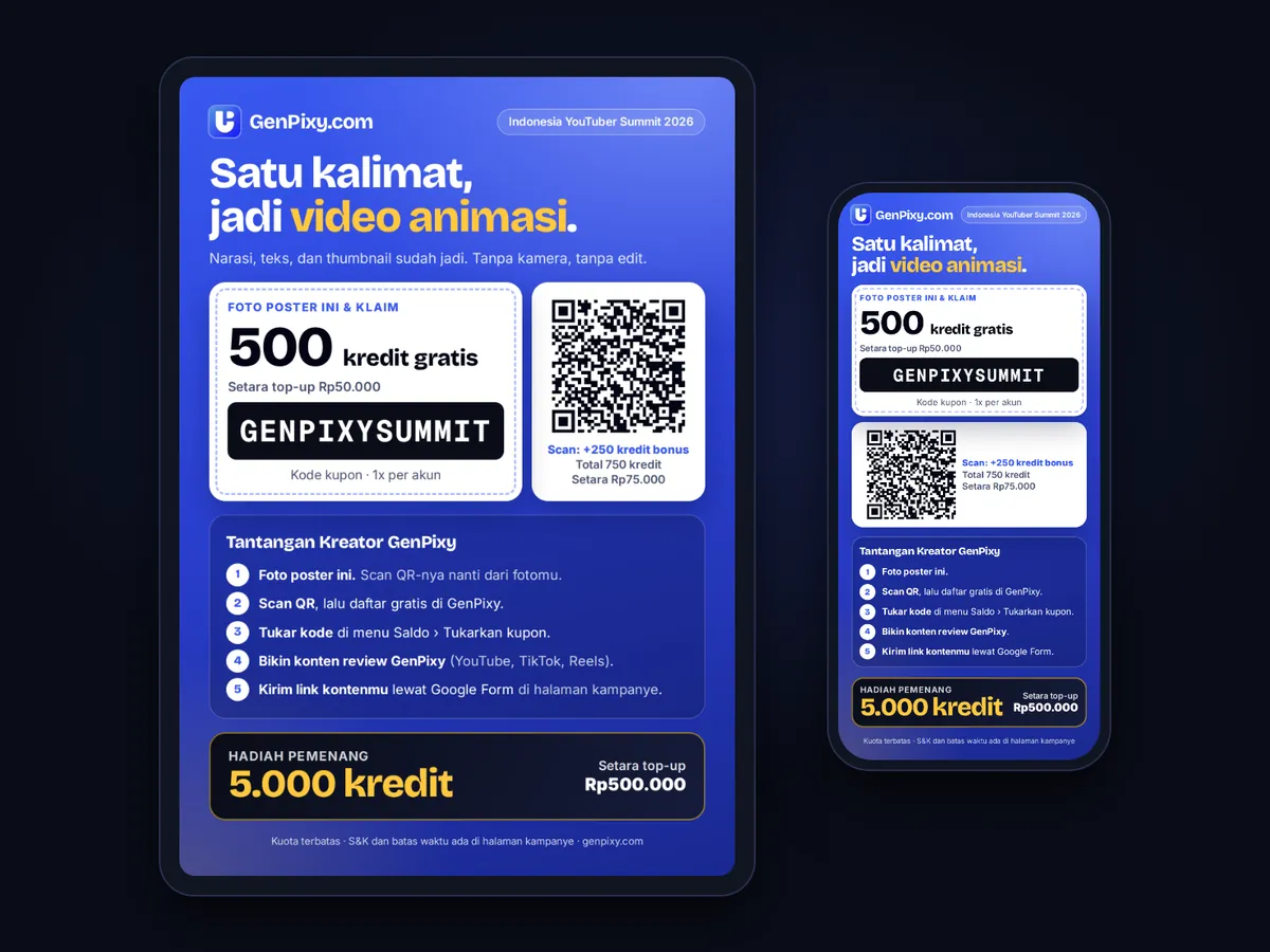 GenPixy Creator Challenge poster on a tablet and a phone with the code GENPIXYSUMMIT for 500 free credits and a 5,000-credit prize