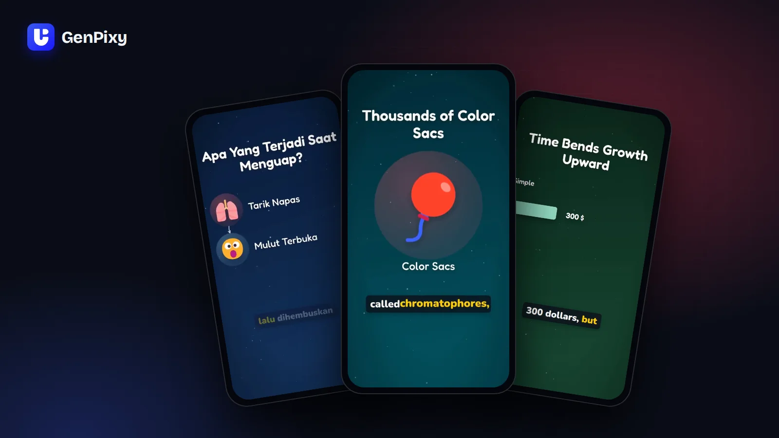 Tiga video vertikal tanpa muka untuk YouTube Shorts, TikTok, dan Reels, dibuat dengan AI pembuat video Shorts GenPixy
