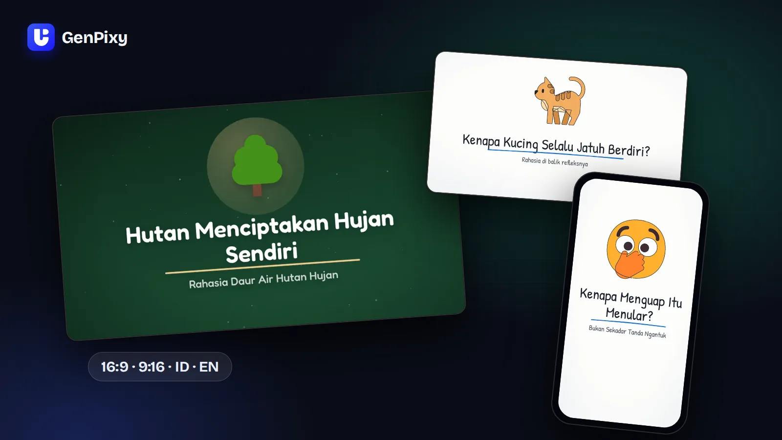 Lesson videos made with the GenPixy AI video maker: a rainforest lesson, a whiteboard video about cats, and a vertical video about yawning