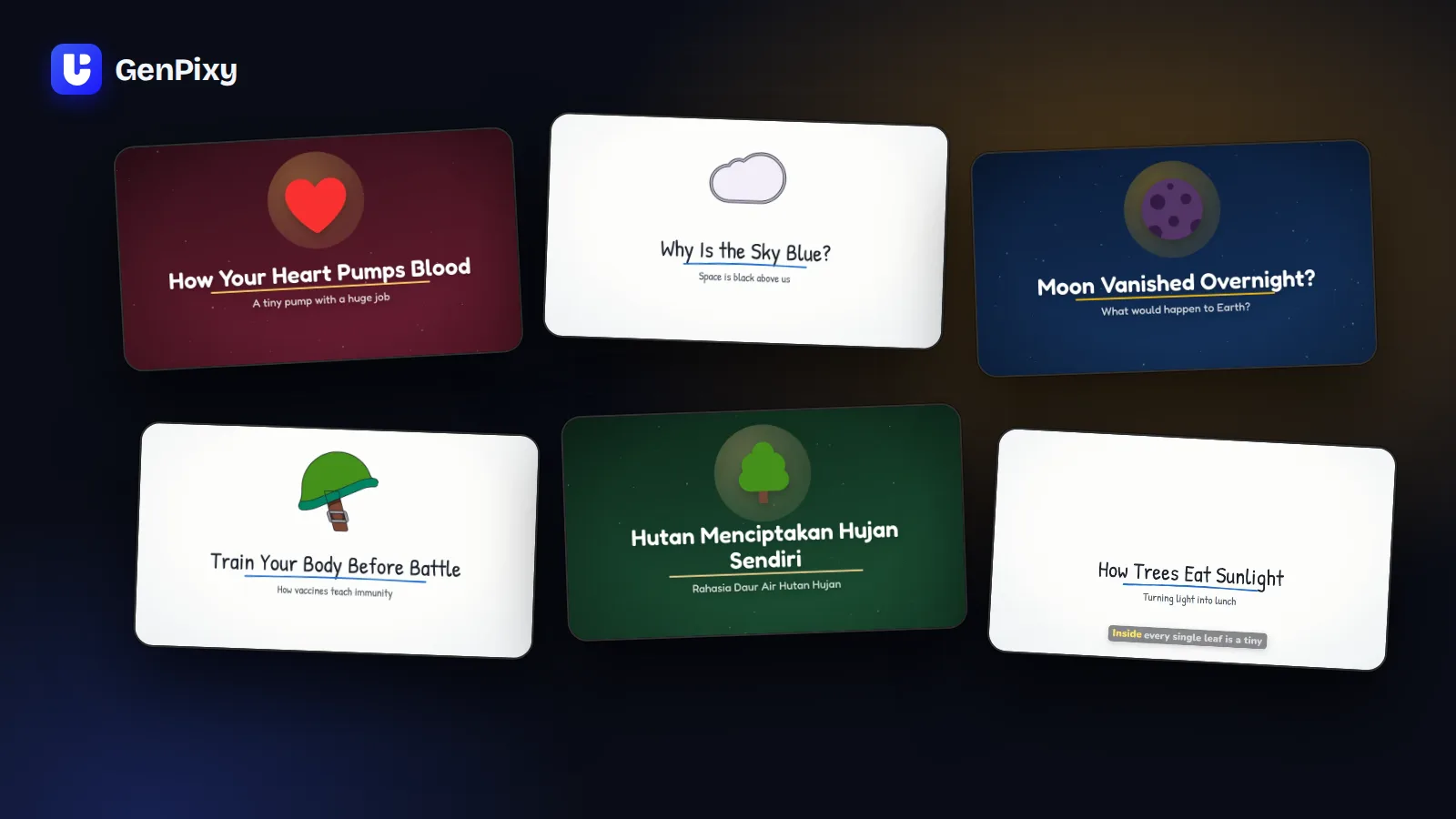 Six lesson video examples made with GenPixy: the heart, the blue sky, the Moon, vaccines, the rainforest, and photosynthesis
