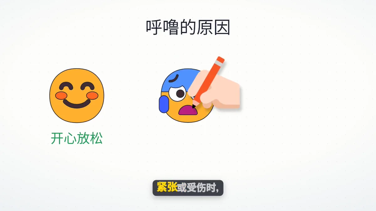 白板讲解视频中,一只手正在画出代表紧张情绪的表情图标