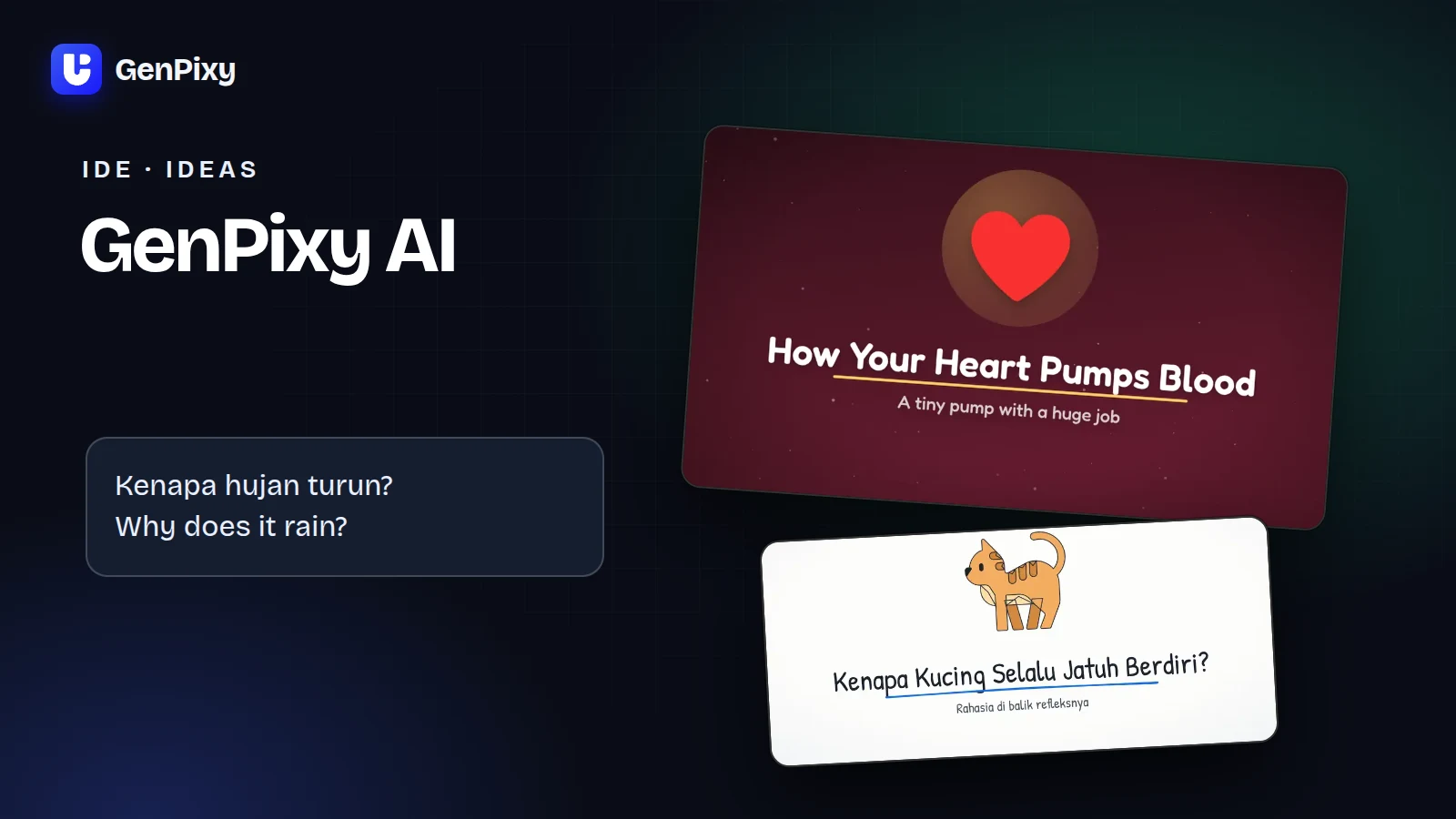 Kartu topik di samping contoh video animasi asli GenPixy AI