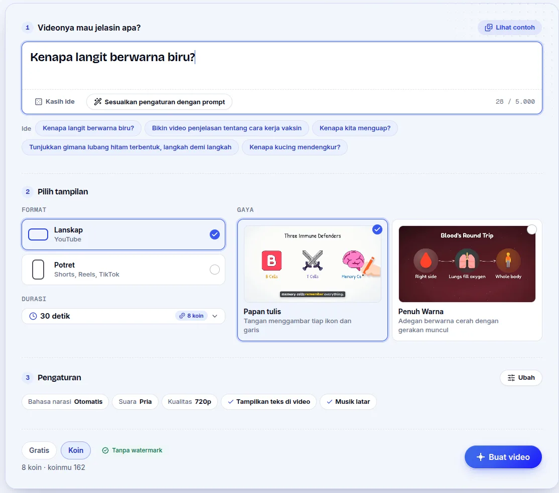 Formulir video GenPixy AI dengan topik Kenapa langit berwarna biru?