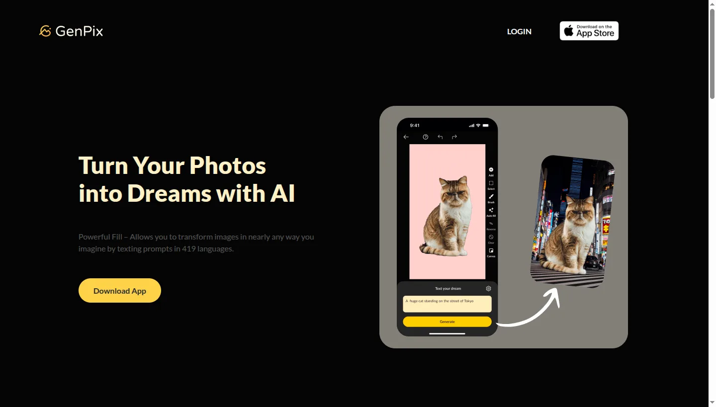 The GenPix AI photo editor home page at genpix.ai