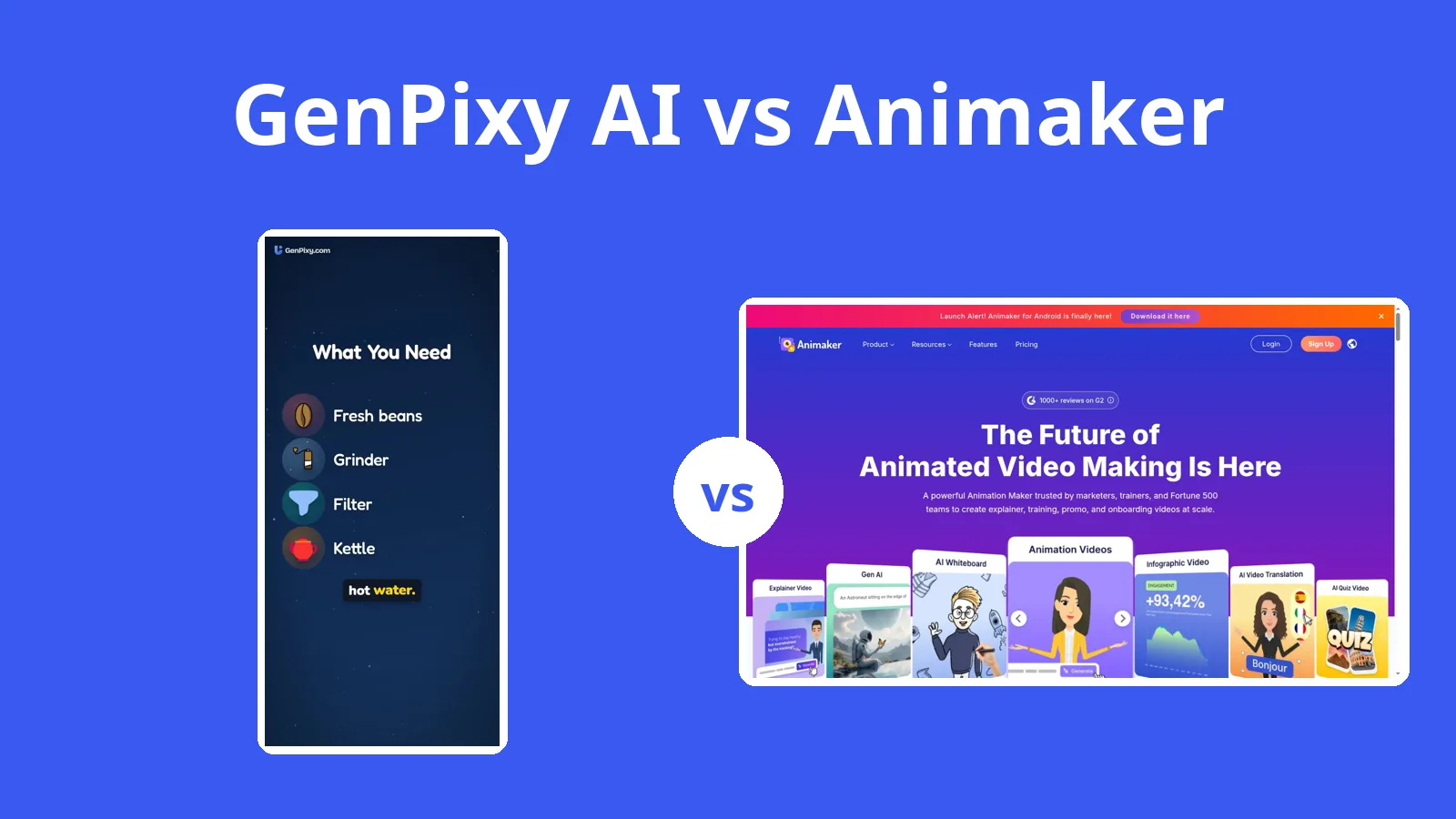 GenPixy AI vs Animaker: a GenPixy AI full color video next to the Animaker home page