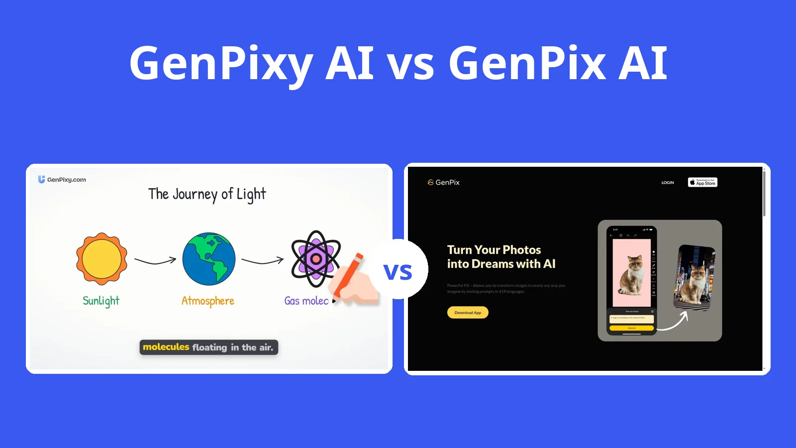 GenPixy AI vs GenPix AI: video papan tulis GenPixy AI di samping halaman utama aplikasi foto GenPix