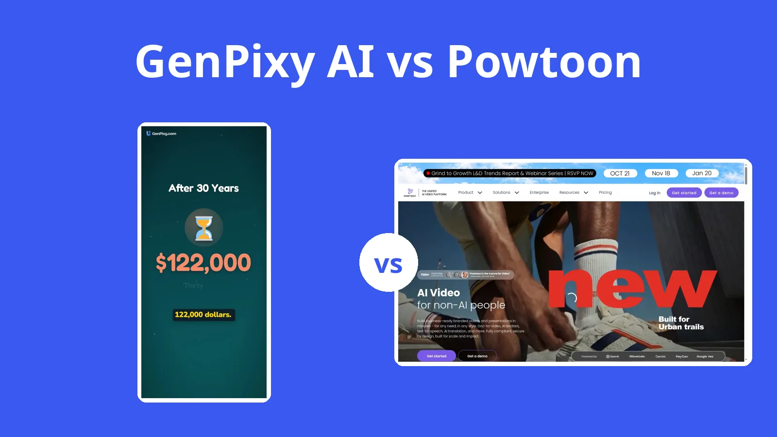 GenPixy AI vs Powtoon: video penuh warna GenPixy AI di samping halaman utama Powtoon