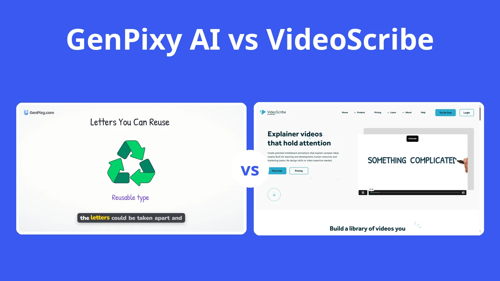 GenPixy AI vs VideoScribe: a GenPixy AI whiteboard video next to the VideoScribe home page