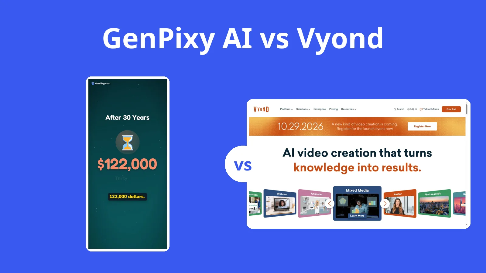 GenPixy AI vs Vyond: a GenPixy AI full color video next to the Vyond home page